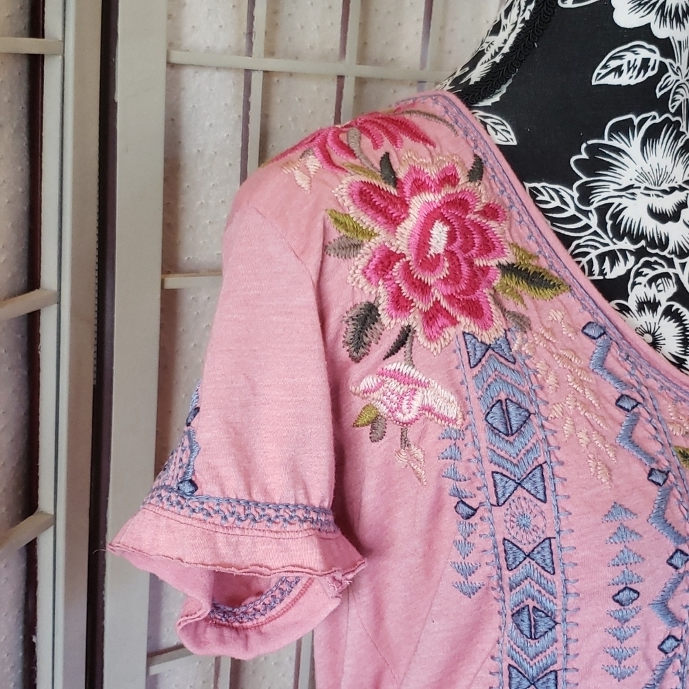 Pink embroidery short sleeves knee length tunic  dress - Picture 3 of 6